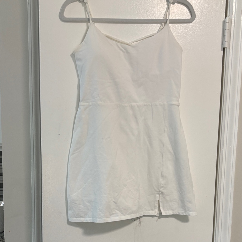 Express White Mini Dress Womens S Spaghetti Strap V Neck Front Slit Stretch Knit